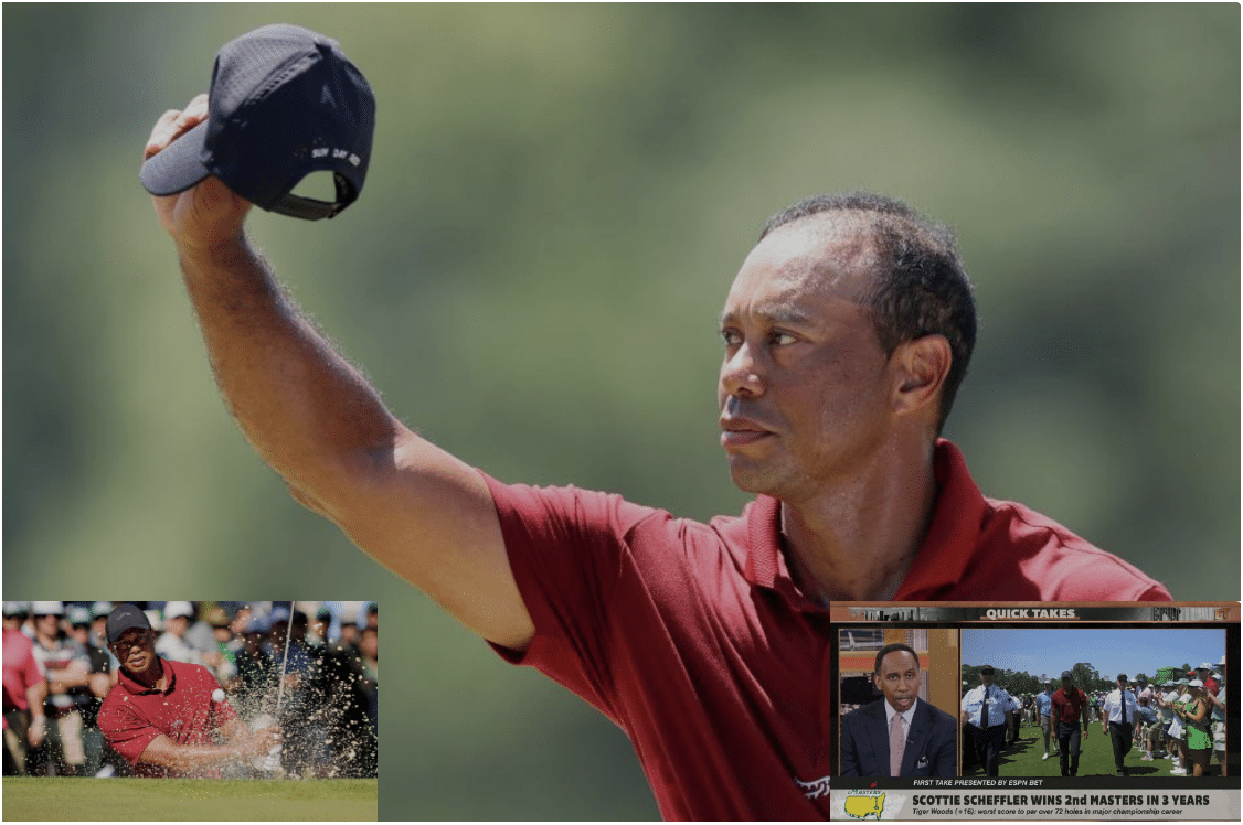 Tiger Woods bidding farewell at the 2024 Masters with image of him playing out of a bunker and of Stephen A Smith saying it's time for his to retire.