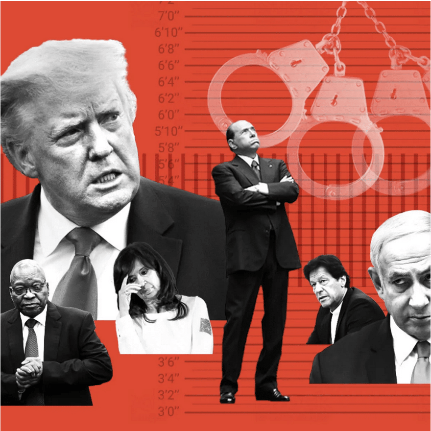collage of Trump and other leaders who have been indicted