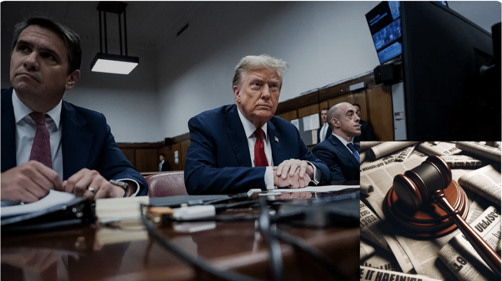 Trump sitting at defendant's desk with image of gavel and newspaper headlines inset.