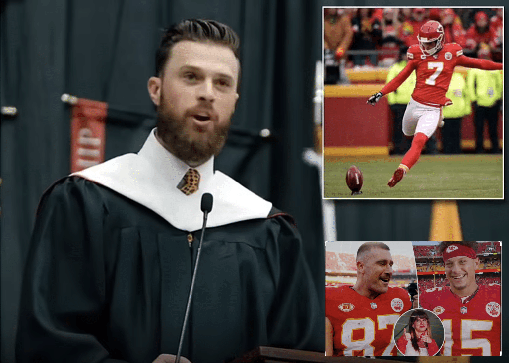 Chiefs kicker Harrison Butker delivering commencement address and image of Mahomes and Kelce