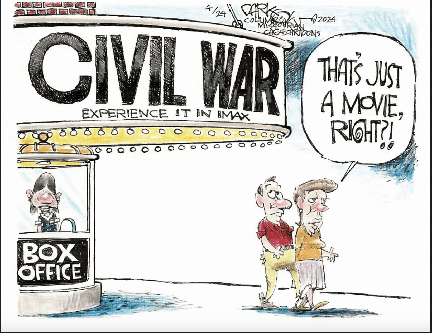 cartoon image of marquee for Civil War the movie