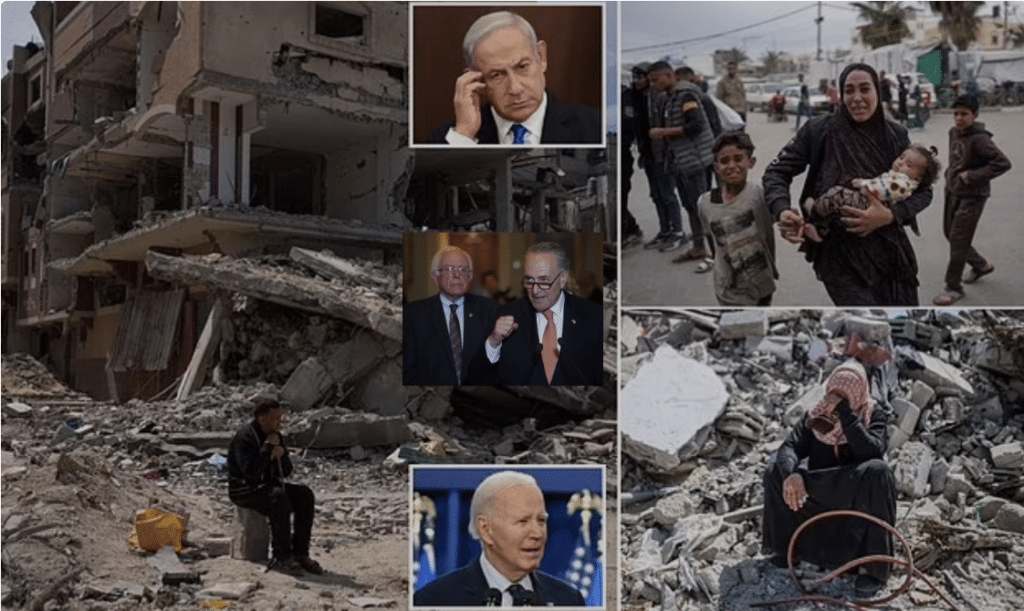scenes of devastation in Gaza with image of Biden, Netanyahu, Schumer and Sanders inset