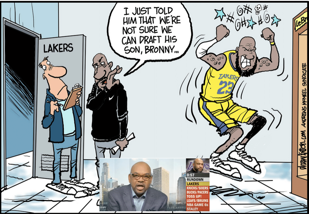cartoon of LeBron James throwing a temper tantrum because he can't have his son join Lakers