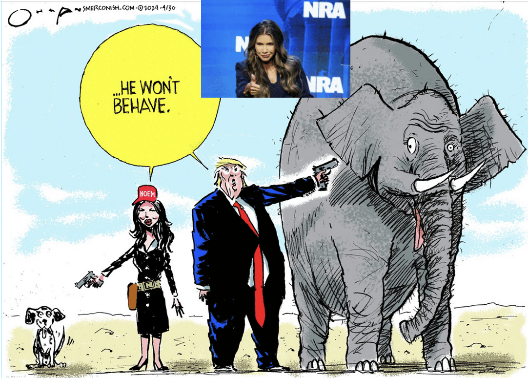 cartoon of Noem shooting her dog alongside Trump shooting the GOP elephant