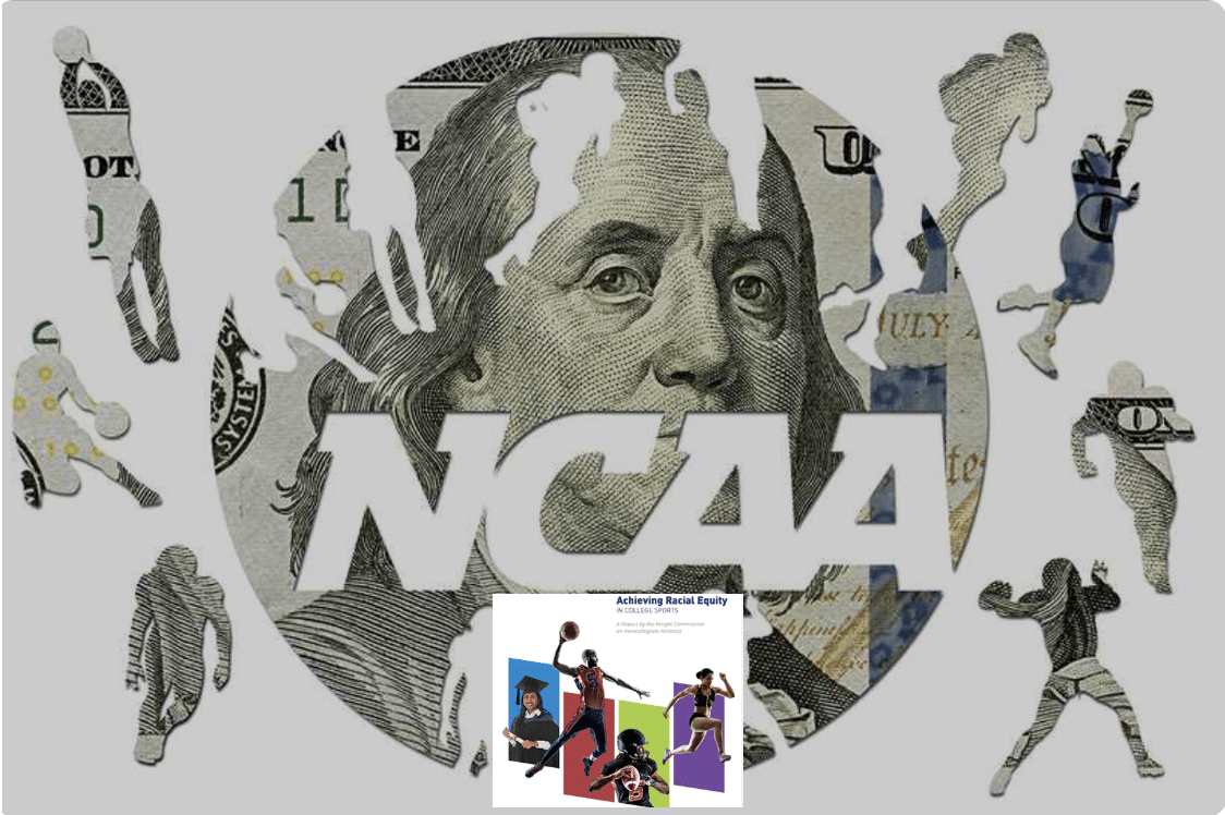 collage of college sports superimposed over image of Benjamin Franklin bank note