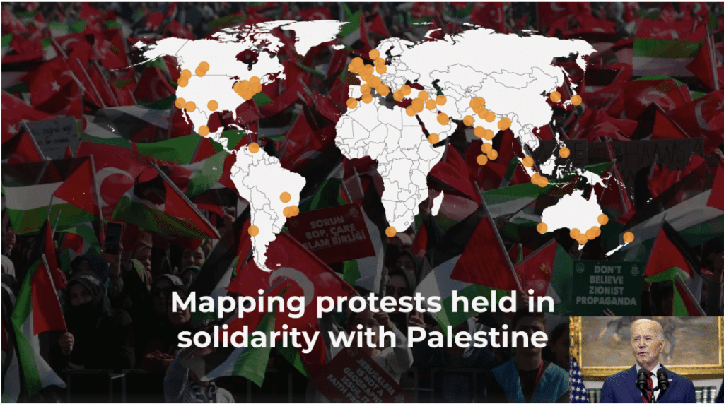 map showing pro-Palestinian protests across the world with image of Biden addressing the protests inset