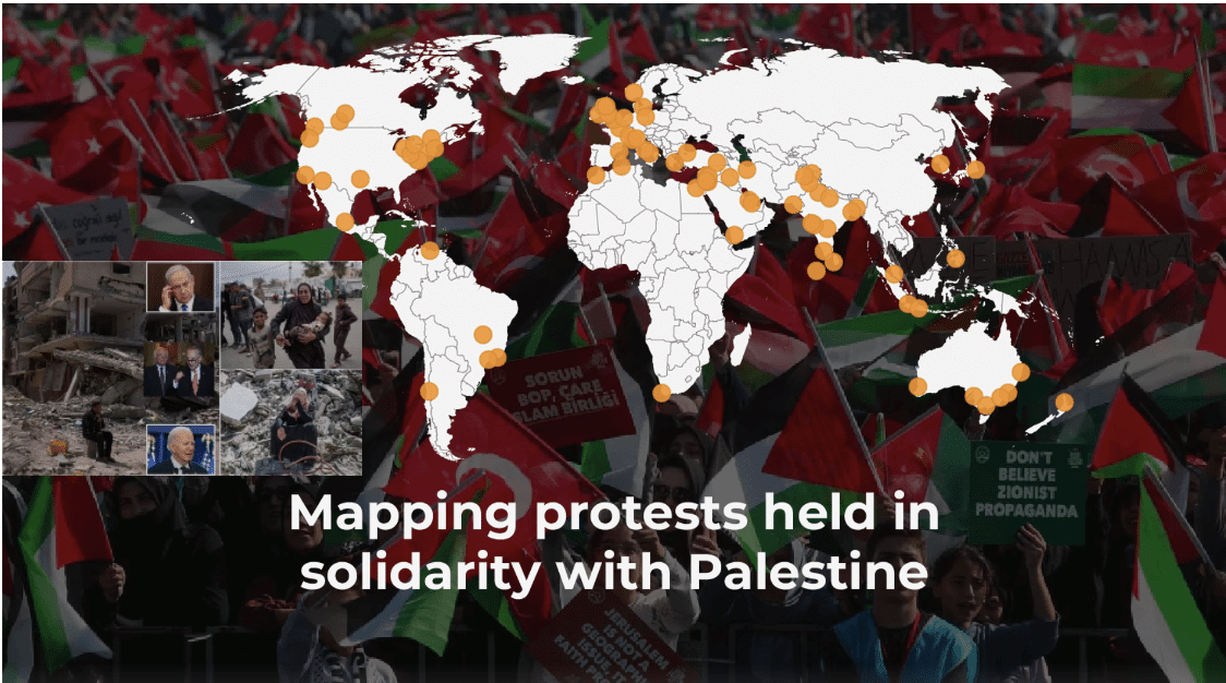 map of pro-Palestinian protests with images of Biden, Netanyahu, Schumer, and Sanders amidst destruction in Gaza inset.