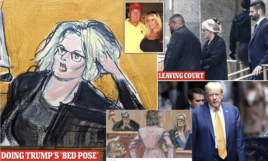 Images of Stormy Daniels testifying at Trump's hush money trail win image of Trump speaking outside the court inset.