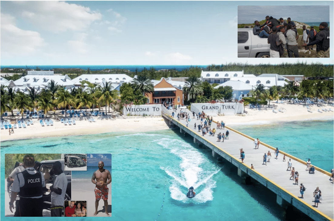 tourists arriving in Turks and Caicos Island and image of police rounding up Haitian migrants
