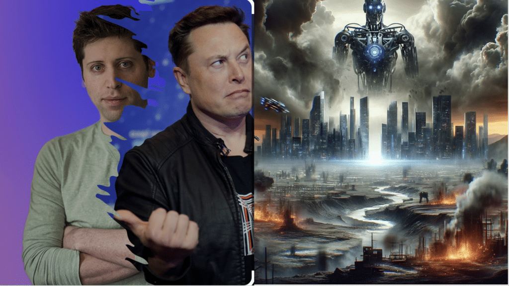 Elon Musk and Sam Altman of OpenAI next to a dystopian image of an AI future.