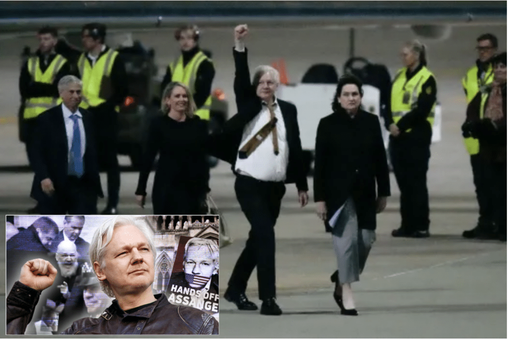Julian Assange returning to Australia with image of him over the years in custody