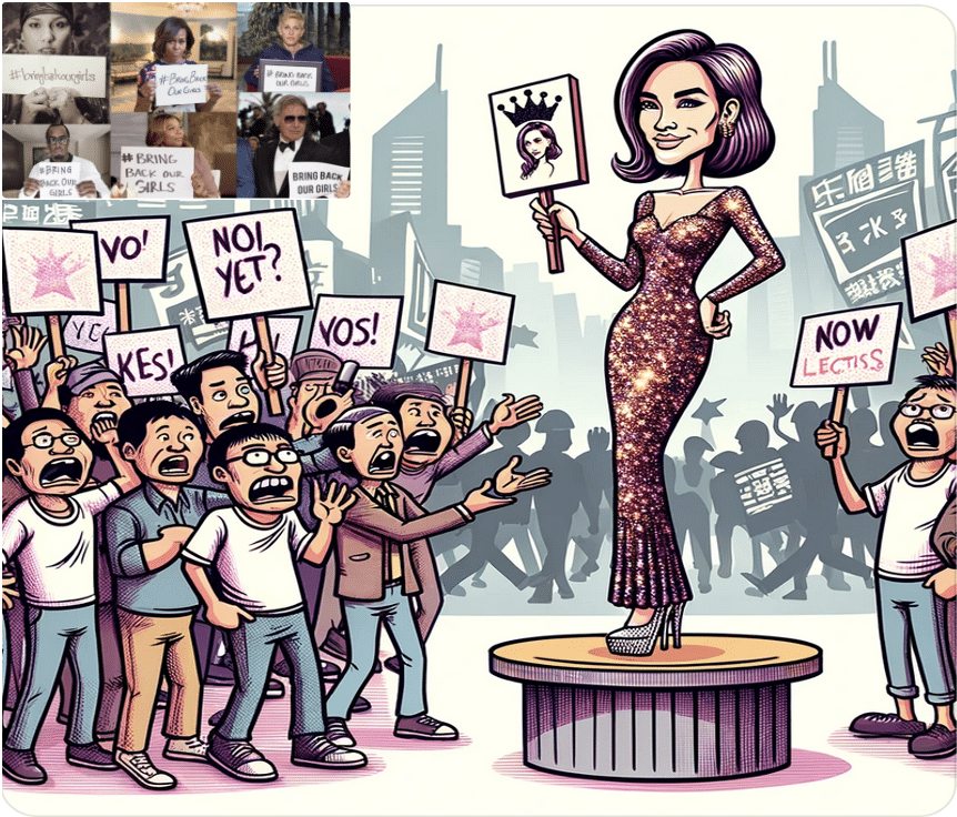 cartoon of Angelina Jolie as activist with inset of celebrities holding bringbackourgirls protest labels