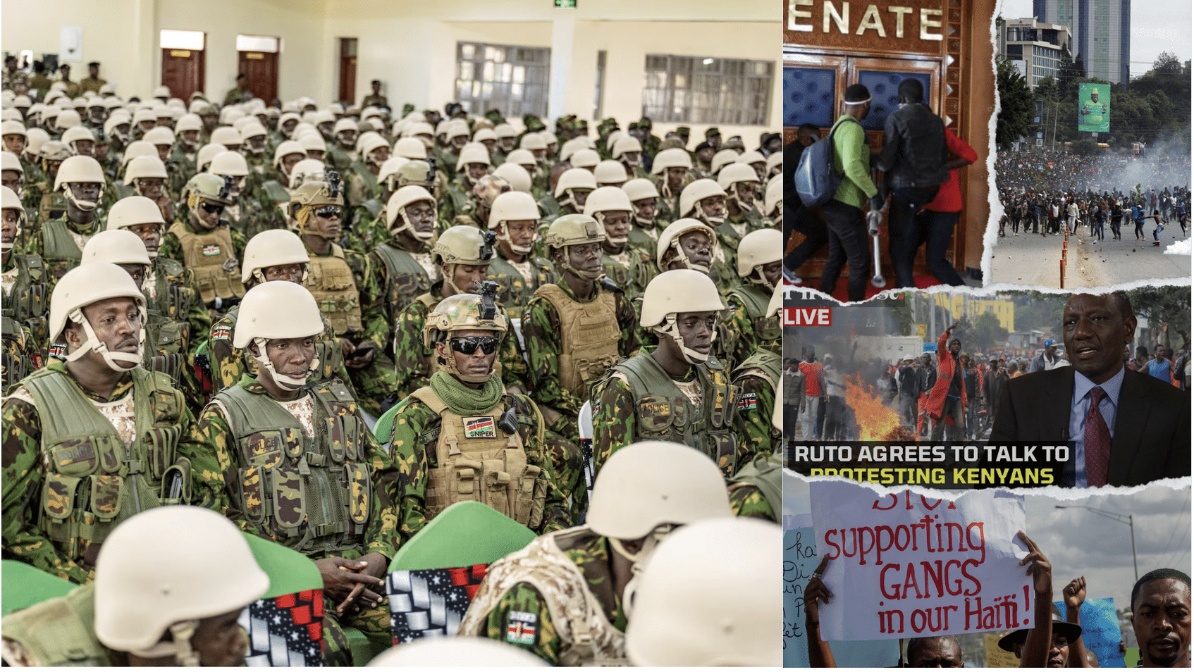 Collage of Kenyan police, riots in Kenya, anti-gang protest in Haiti