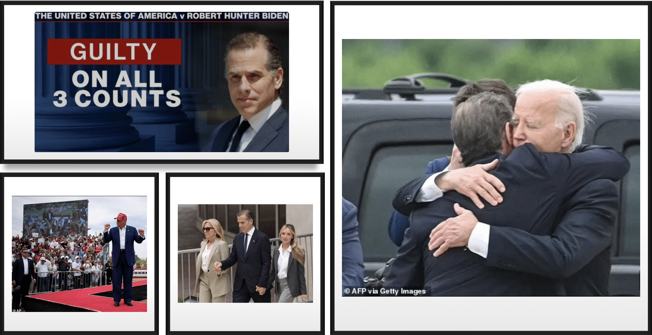 Hunter Biden guilty verdict with images of Hunter hugging his father and of Trump dancing on stage