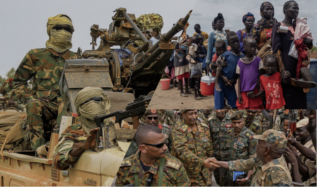 montage of Sudanese army and RSF rebels and displaced people