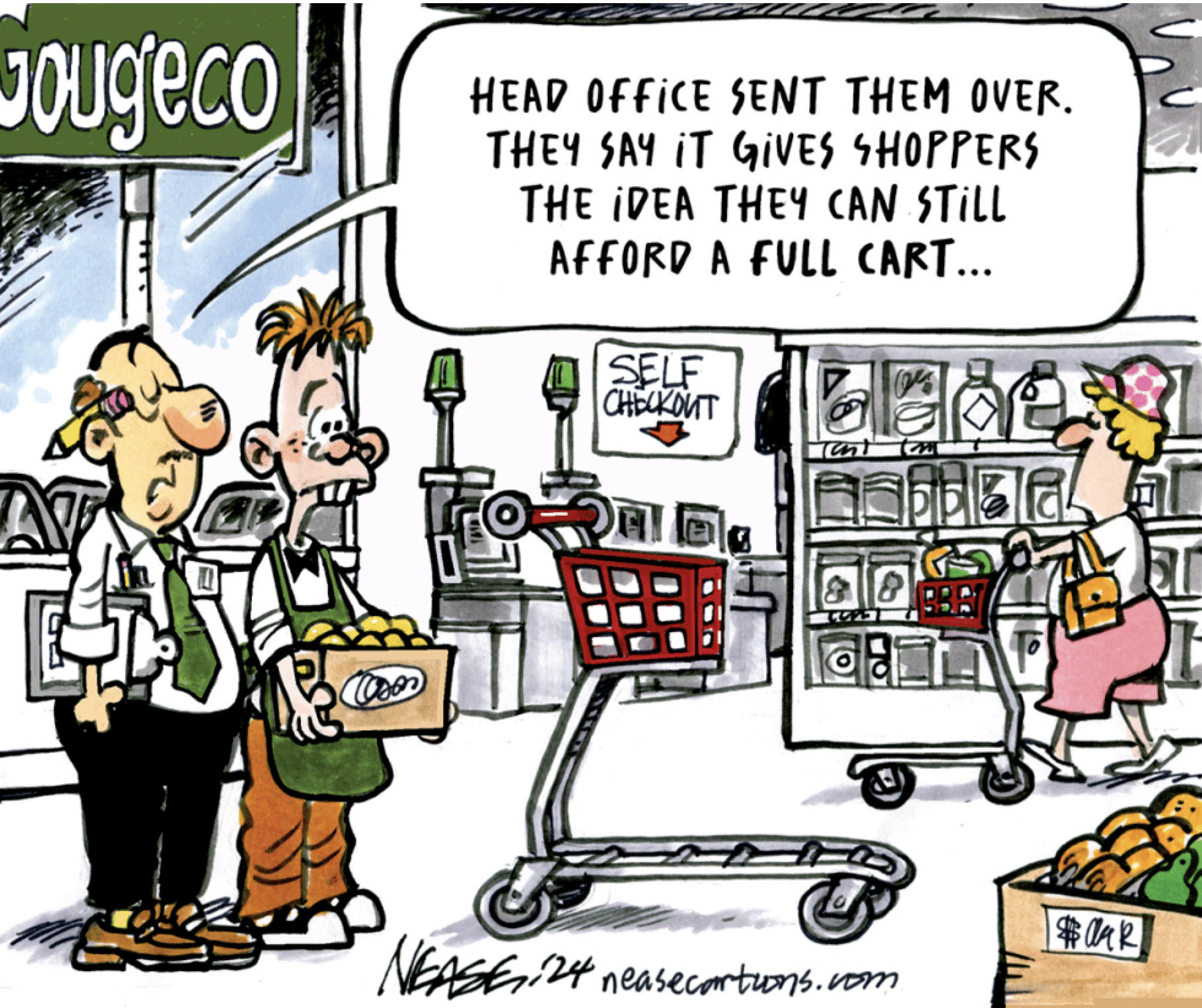 cartoon featuring small shopping carts to make them look full