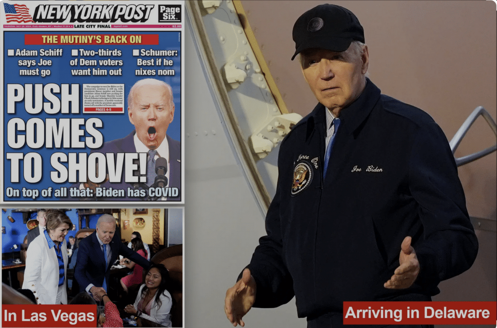 Biden leaving Air Force One in Delaware with NY Post cover of Democrats pushing him to withdraw from the presidential race