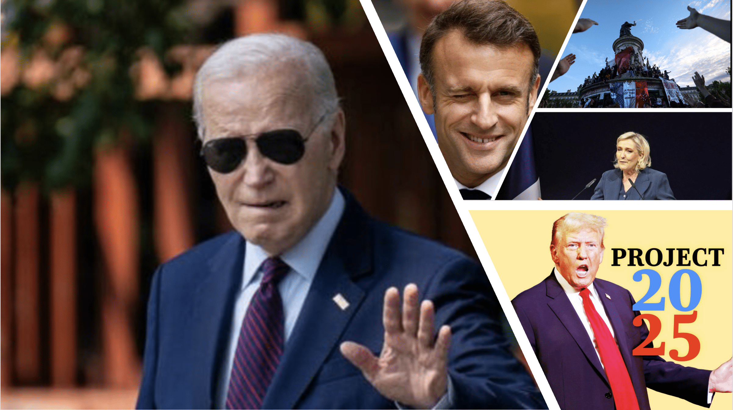 collage of Biden, Macron, Le Pen and Trump with French people celebrating