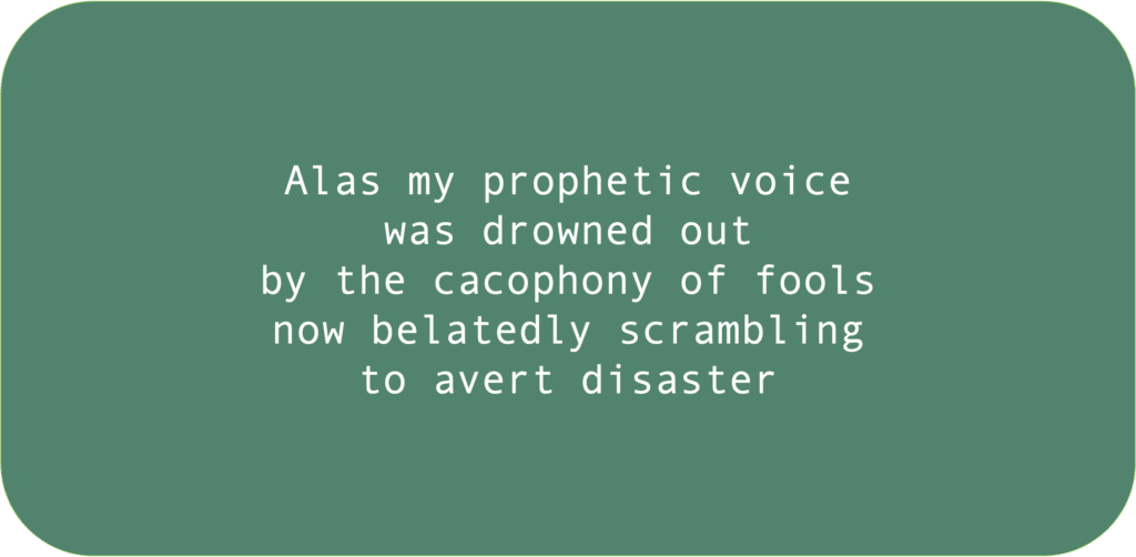 Alas, my prophetic voice was drowned out by the cacophony of fools now belatedly scrambling to avert disaster