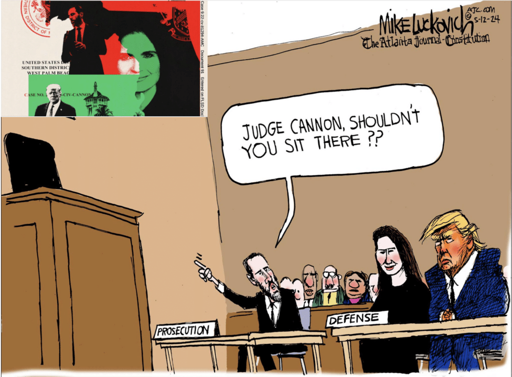 cartoon of Judge Cannon sitting as Trump's defense attorney