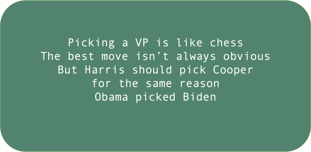 Picking a VP is like chess The best move isn’t always obvious. But Harris should pick Cooper for the same reason Obama picked Biden 