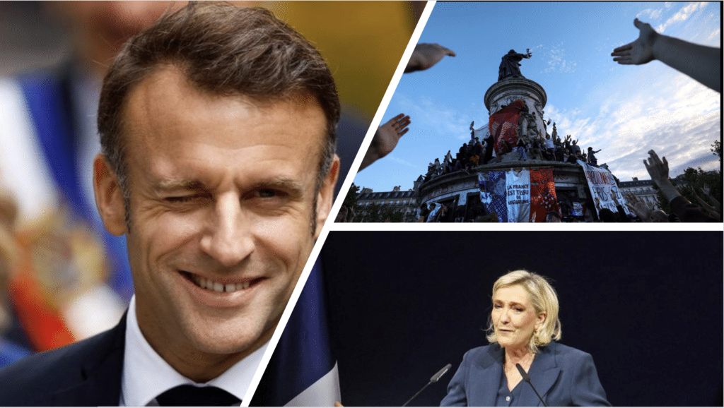 montage of Macron and French people celebration after elections with Le Pen sulking