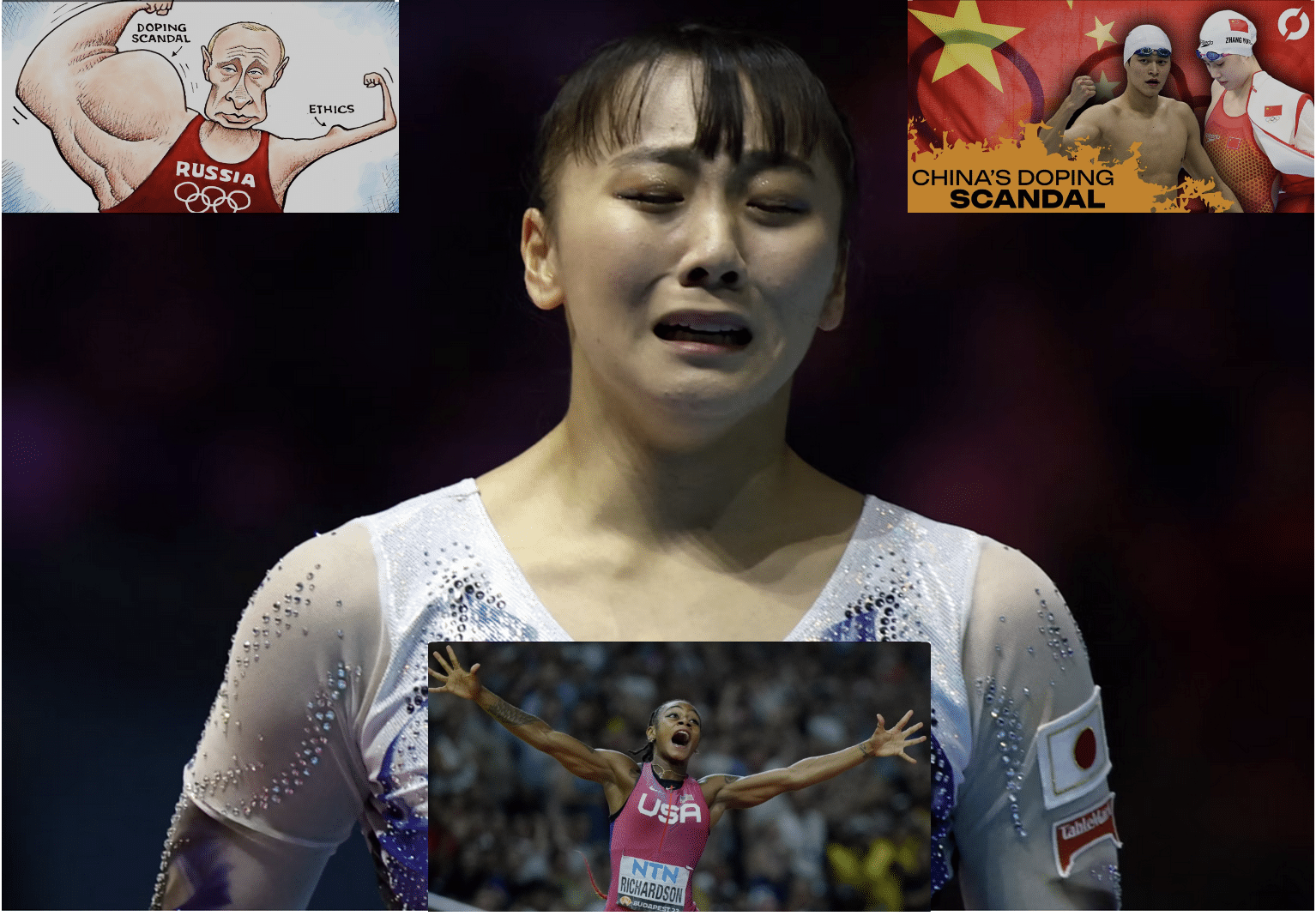 image of disqualified Japanese gymnast Miyata with images of Russian and Chinese doping scandals and triumphant Sha'Carri Richardson