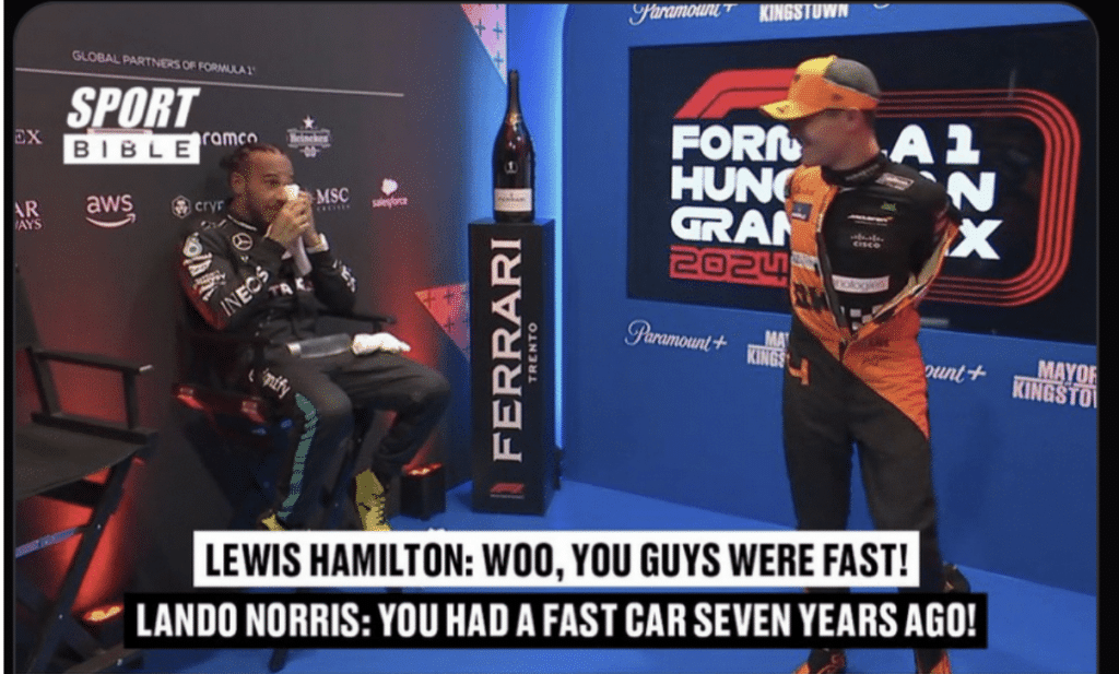 Lando Norris telling Lewis Hamilton he was FI champion because of his car, not his skills