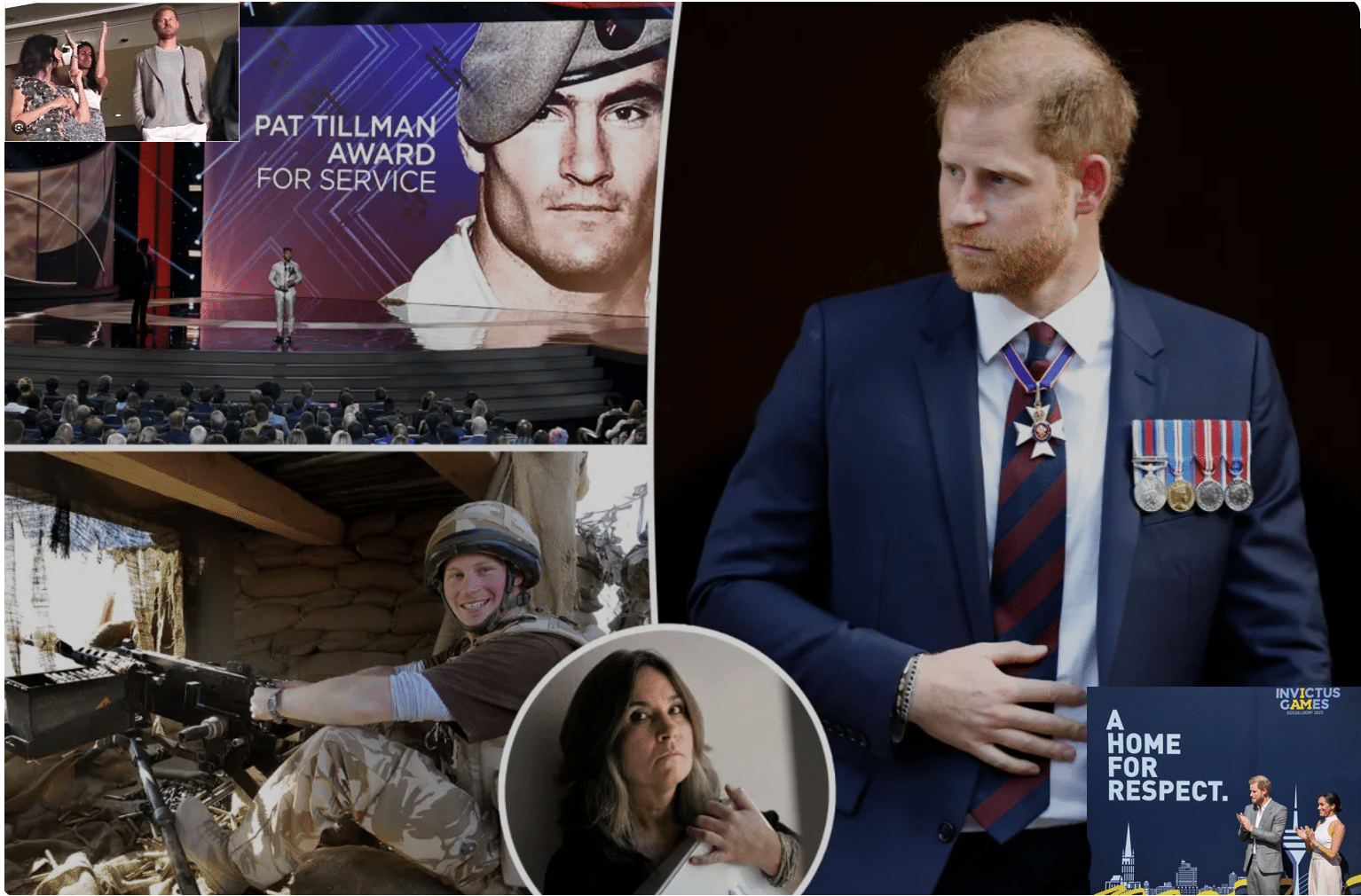 collage of Pat Tillman, Prince Harry and Meghan Markle, and Pat's mom