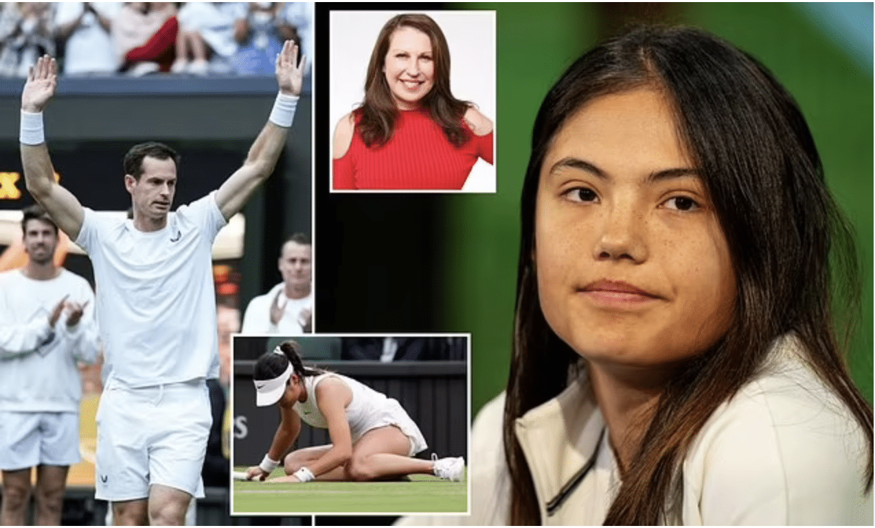 collage of Emma Raducanu, Andy Murray, and Amanda Platell at Wimbledon