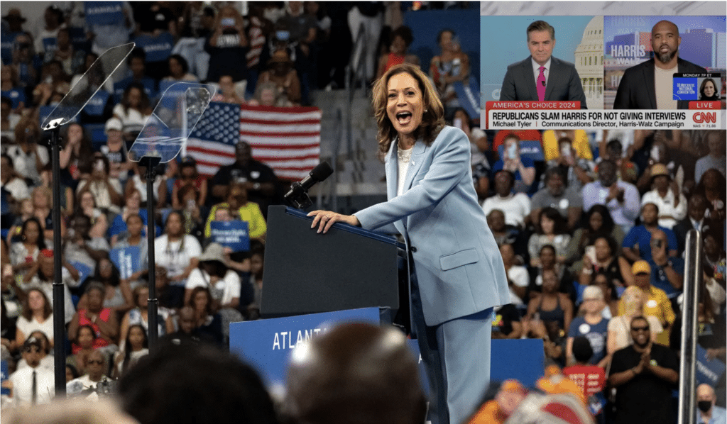 Kamala Harris sticking to the teleprompter amid criticism from the press for not doing conferences