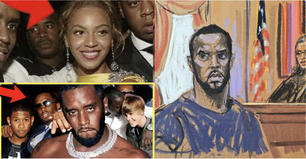 Diddy appearing in court with images of Beyonce, Bieber, and Usher from his partying days