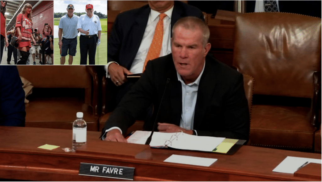 Brett Favre testifying at congressional hearing with images inset of Taylor Swift and him with Trump