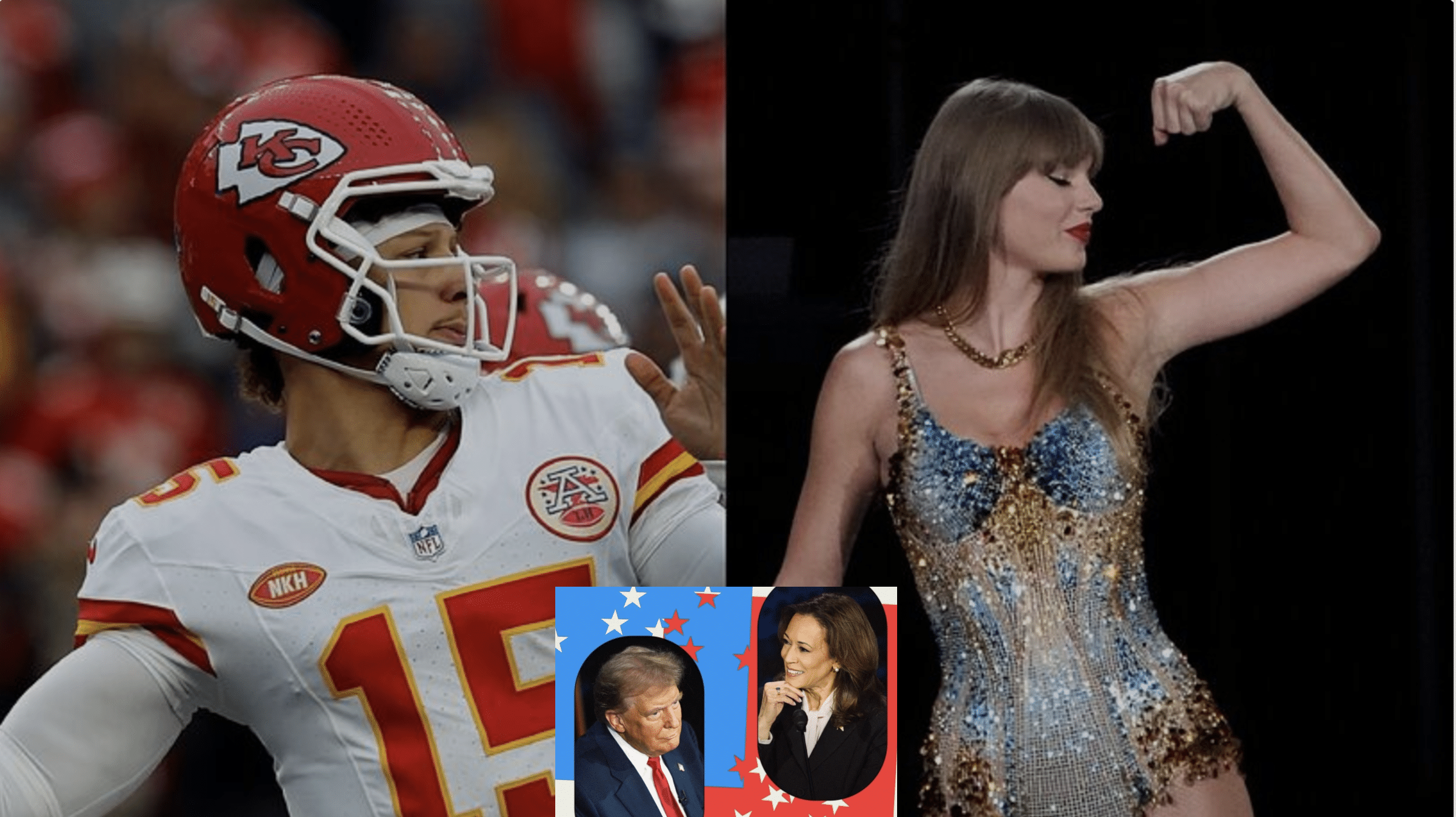 Mahomes during game and Taylor during concert with image of Trump and Kamala from their debate inset