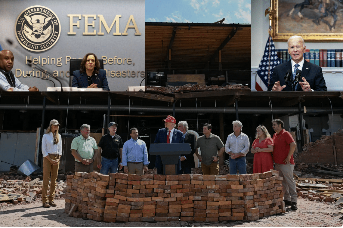 Trump in Georgia for Hurricane Helene with images of Biden and Kamala inset from DC