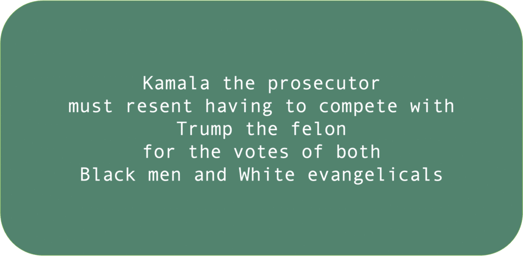 Kamala the prosecutor must resent having to compete with Trump the felon for the votes of both Black men and White evangelicals