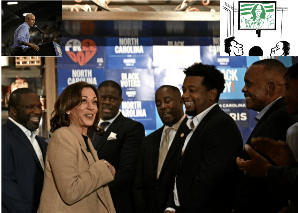 Kamala meeting with Black men with cartoon of them watching her on TV and image of Obama lecturing them inset