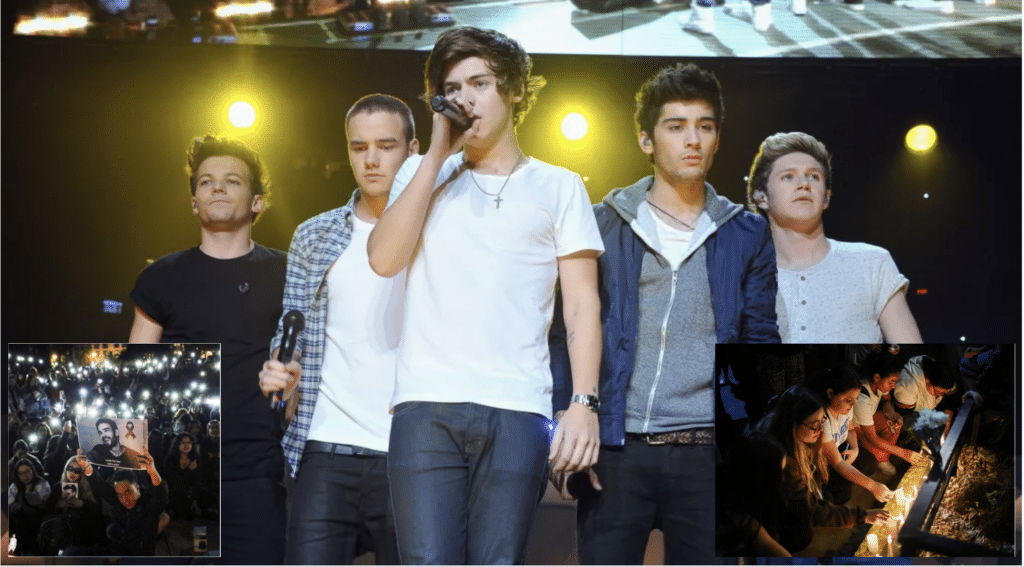 One Direction performing with images of Liam Payne fans grieving his death