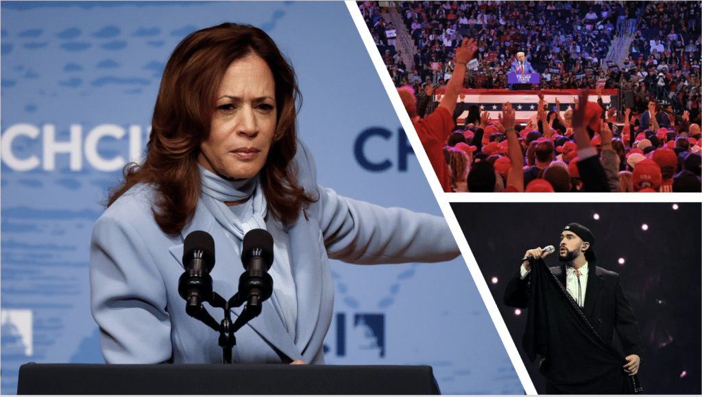 Kamala reacting to Trump's MSG rally with Bad Bunny inset