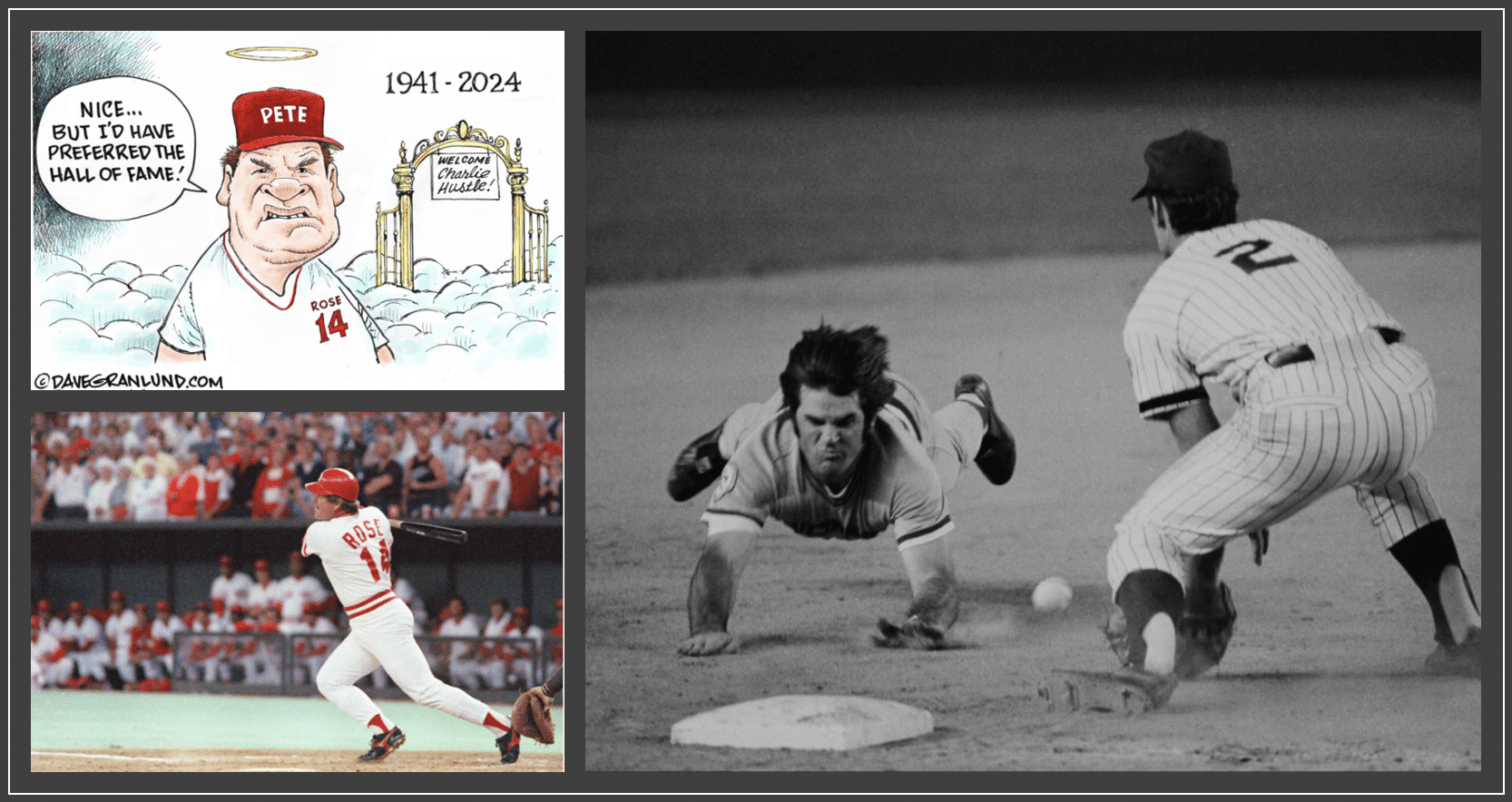 images of Pete Rose hustling as a player and cartoon of him entering heaven