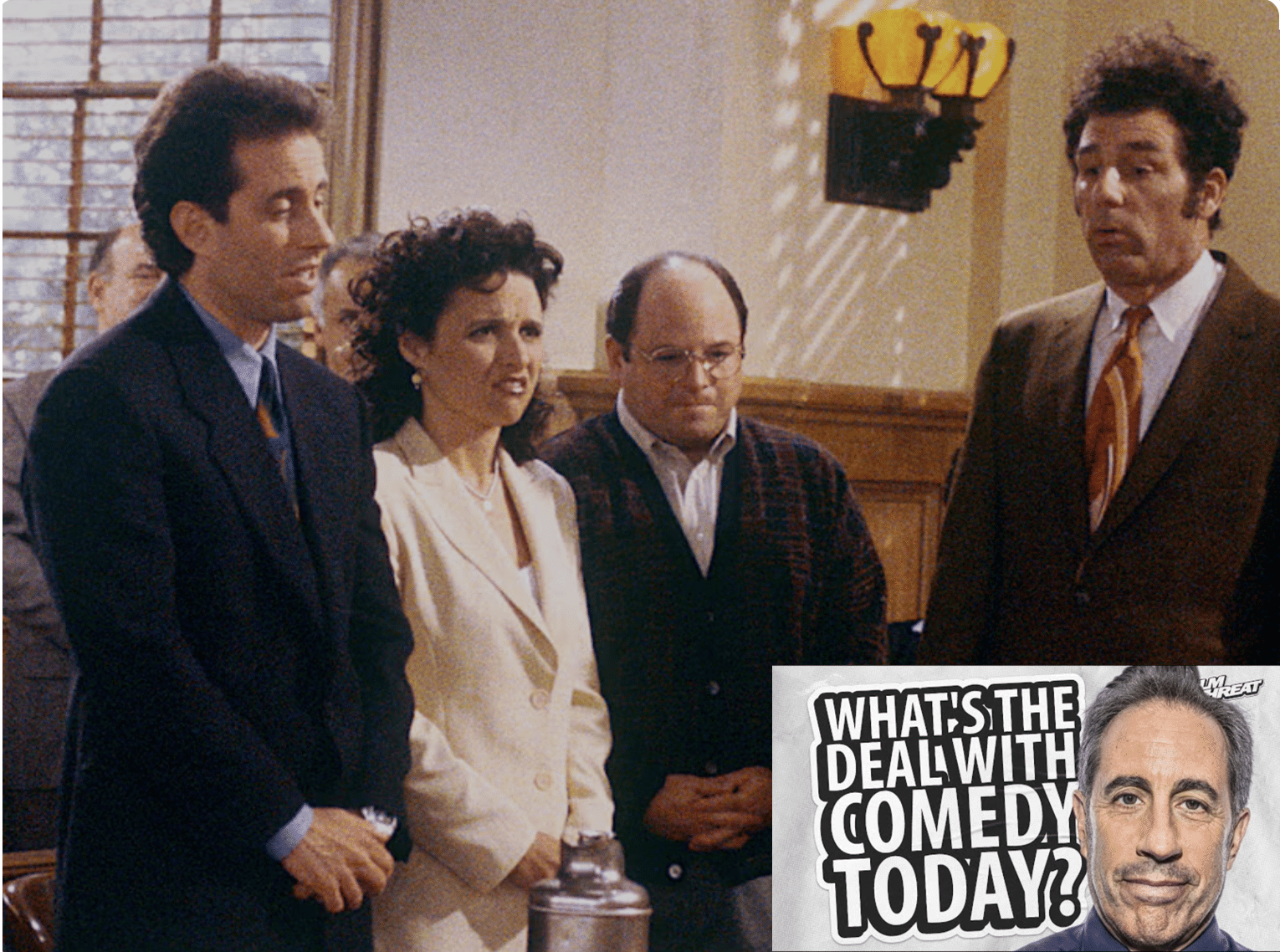 Seinfeld cast on set with image of Jerry questioning comedy today