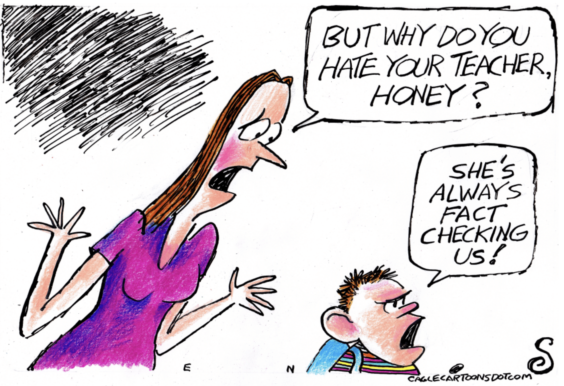 Cartoon of schoolkid screaming to mom about teacher fact-checking him