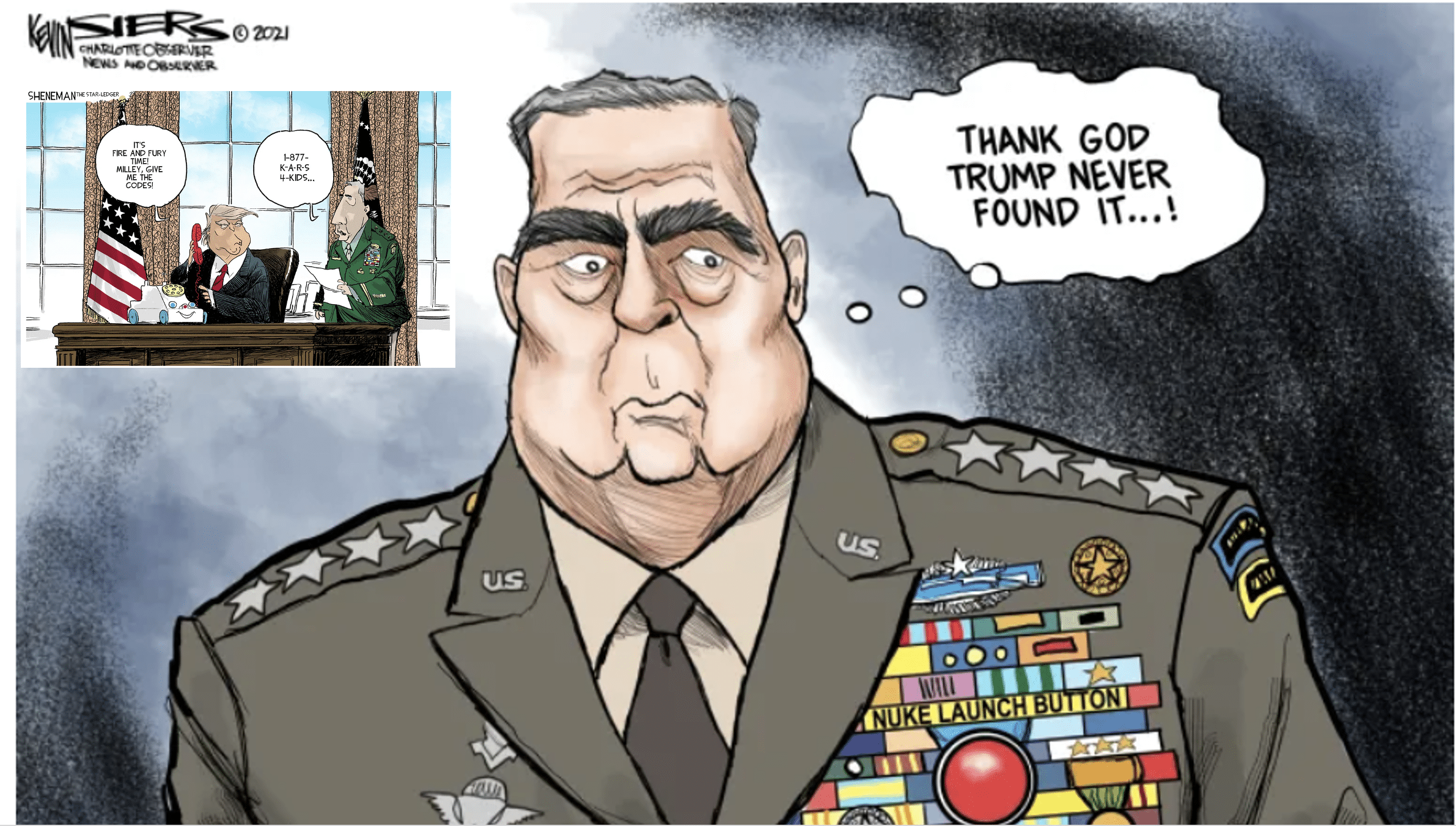 cartoon of Gen. Mark Milley protecting the country by treating Trump like a child