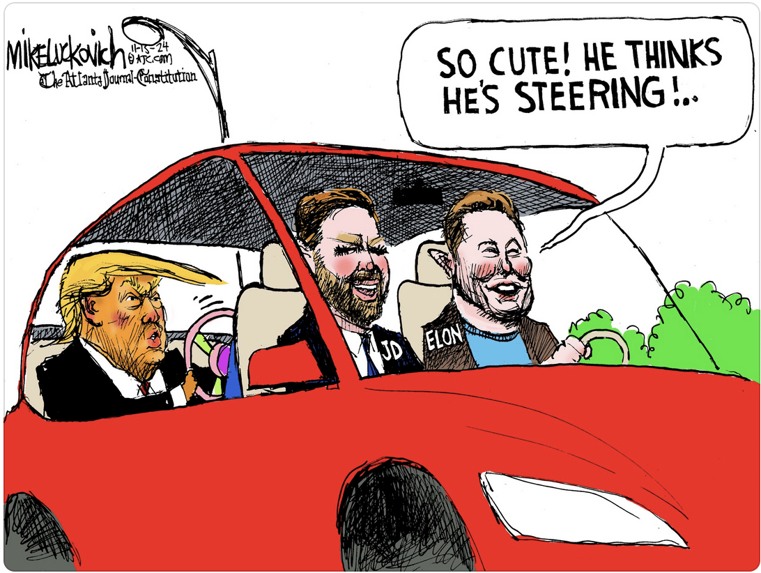 cartoon of Elon Musk in car with JD Vance and Donald Trump