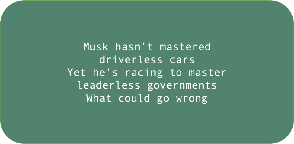 Musk hasn’t mastered driverless cars Yet he’s racing to master leaderless governments What could go wrong