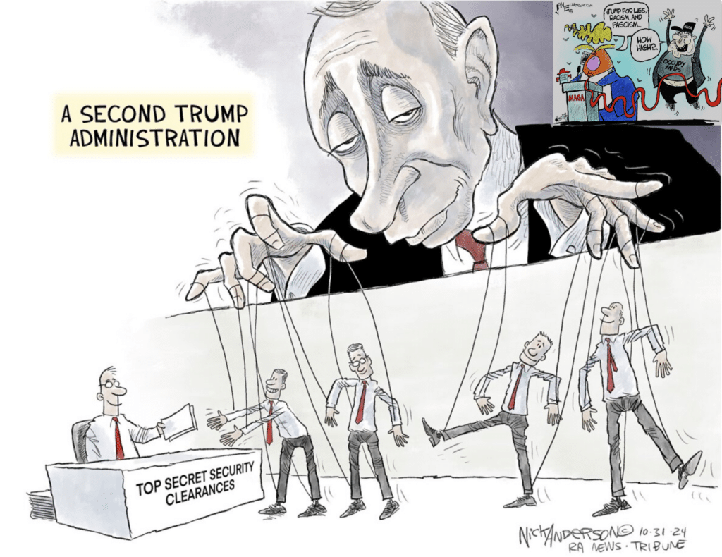 cartoon of Putin playing Americans like puppets on a string