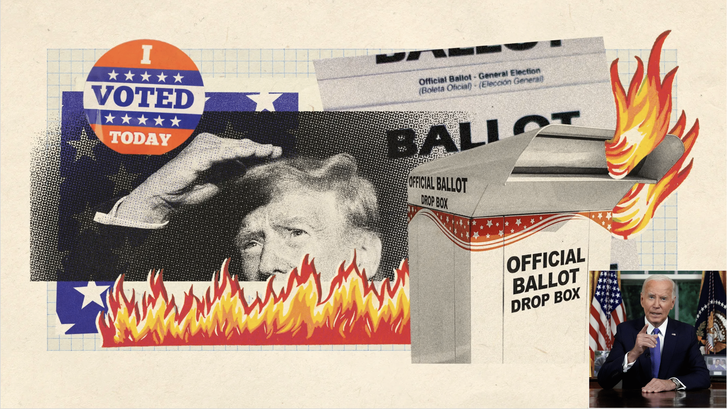 graphic of Trump fueling fires of election disinformation with Biden in Oval Office inset