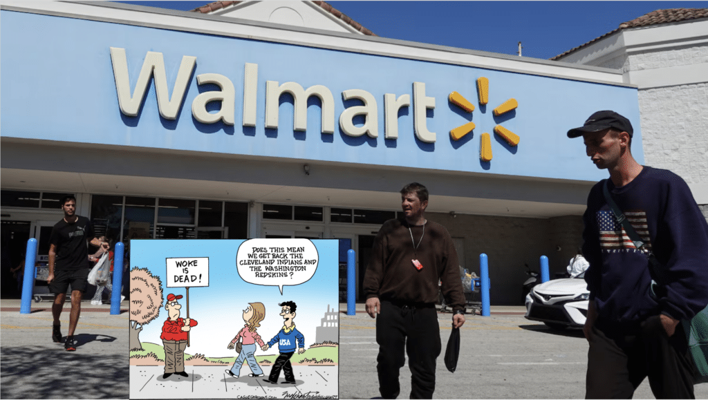 Walmart parking lot with three White men and cartoon inset about woke is dead 