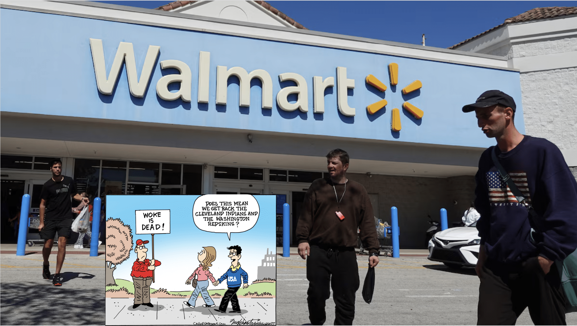 Walmart parking lot with three White men and cartoon inset about woke is dead