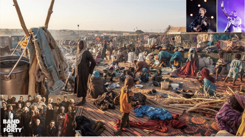 Sudan humanitarian crisis with image of Band Aid performers inset